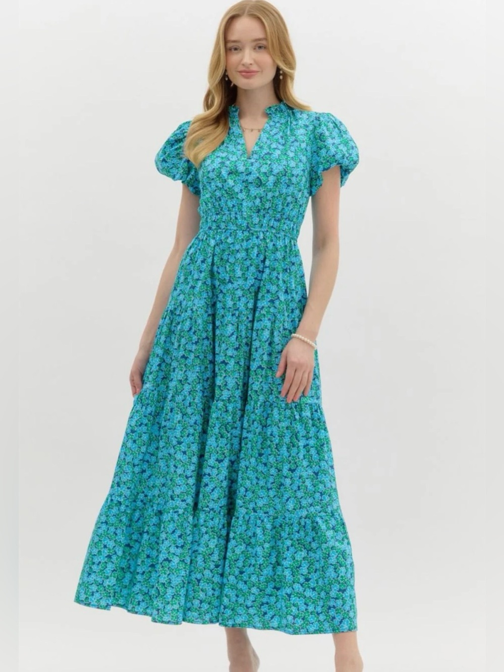 Entro Blue Floral Puff-Sleeve Maxi Dress